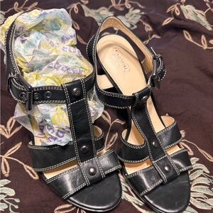 Coach Black Leather Strappy Sandals